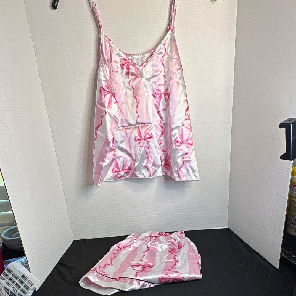 Women's Satin Cami & Shorts Pajama Set XL Pink White Bow Striped Pull On